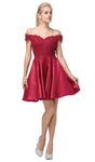 A-line Satin Cocktail Above the Knee Beaded Back Zipper Pocketed Lace Trim Natural Waistline Flutter Sleeves Off the Shoulder Notched Collar Homecoming Dress