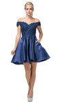 A-line Notched Collar Cocktail Above the Knee Satin Flutter Sleeves Off the Shoulder Lace Trim Pocketed Back Zipper Beaded Natural Waistline Homecoming Dress