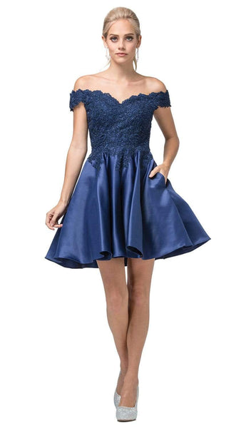 A-line Flutter Sleeves Off the Shoulder Cocktail Above the Knee Natural Waistline Satin Lace Trim Notched Collar Pocketed Beaded Back Zipper Homecoming Dress