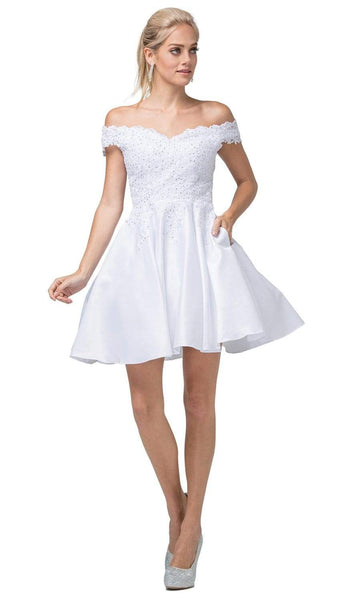 A-line Cocktail Above the Knee Notched Collar Flutter Sleeves Off the Shoulder Natural Waistline Beaded Back Zipper Pocketed Lace Trim Satin Homecoming Dress