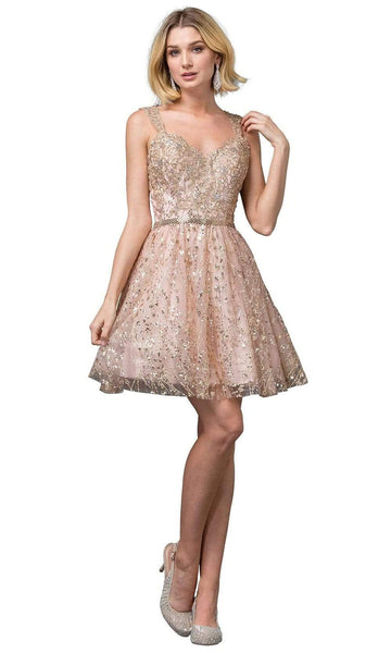 A-line V-neck Sleeveless Fitted Lace-Up Embroidered Natural Waistline Cocktail Short Dress