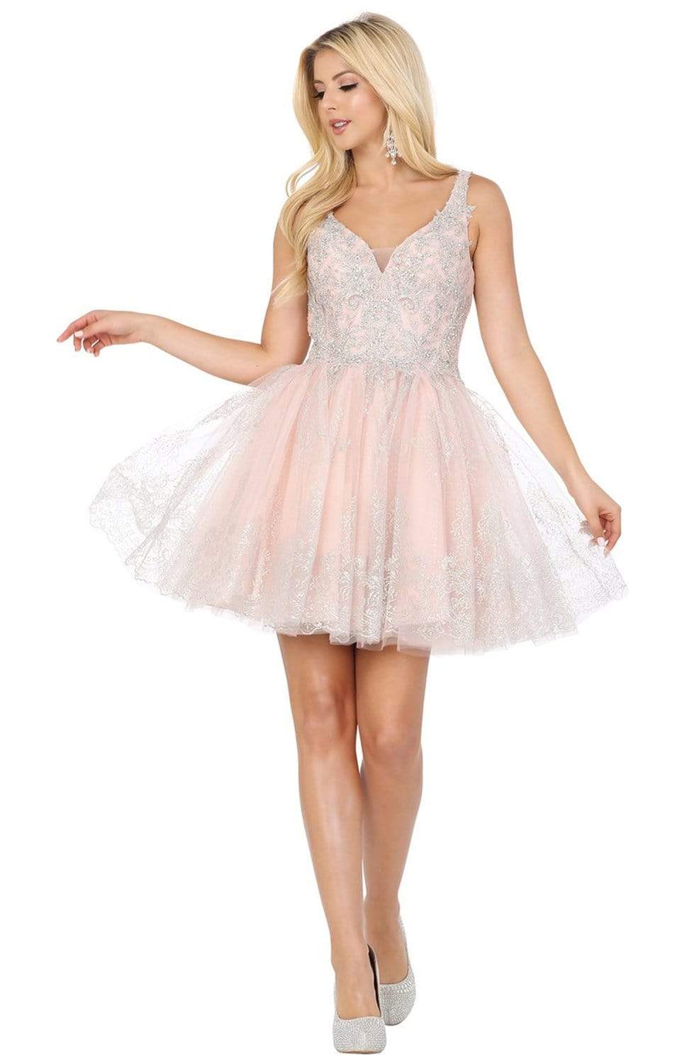 Dancing Queen - 3237 Sleeveless V Neck Lace Applique Cocktail Dress
