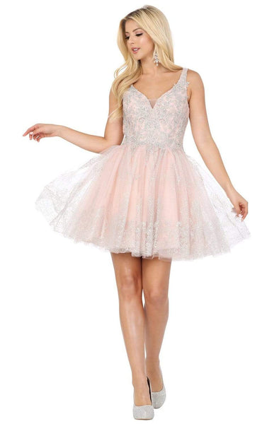 A-line V-neck Cocktail Short Sweetheart Natural Waistline Sleeveless Fit-and-Flare Applique V Back Sheer Fitted Beaded Party Dress