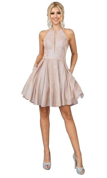 Tall A-line Halter Short Natural Princess Seams Waistline Sleeveless Cutout Fitted Back Zipper Sheer Mesh Pocketed Pleated Draped Dress