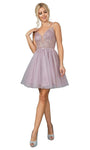 A-line V-neck Sleeveless Cocktail Above the Knee Natural Waistline Open-Back Glittering Back Zipper Plunging Neck Dress