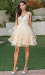 A-line V-neck Sweetheart Sleeveless Natural Waistline Back Zipper Sheer Illusion Fitted Tiered Cocktail Above the Knee Prom Dress With Ruffles