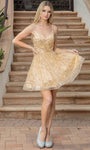 A-line V-neck Cocktail Short Sleeveless Spaghetti Strap Tulle Natural Waistline Sequined Dress