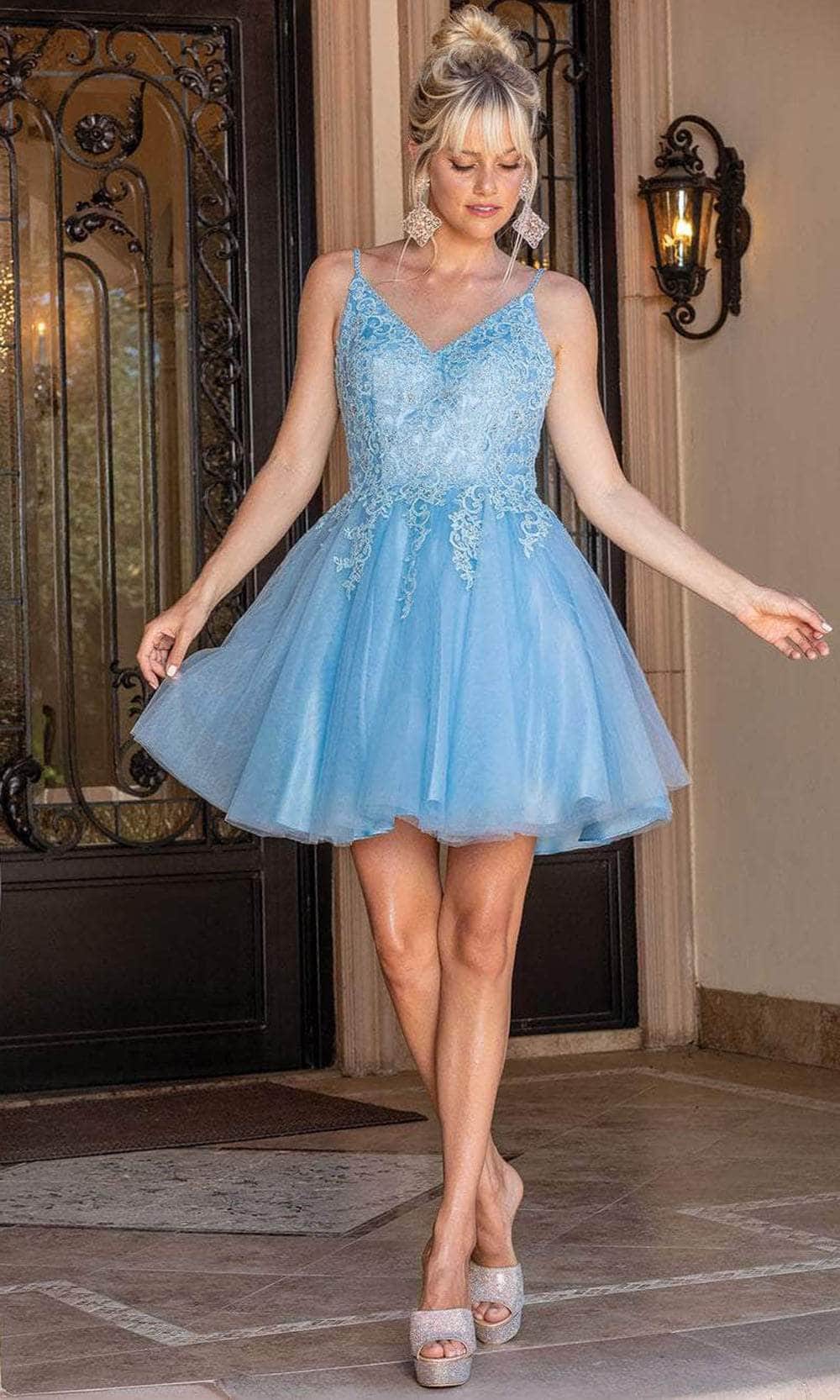 Dancing Queen 3303 - Embroidered V-Neck Tulle Cocktail Dress