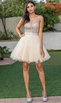 A-line V-neck Cocktail Short Beaded Jeweled Sheer Glittering Back Zipper Tulle Spaghetti Strap Natural Waistline Dress