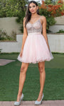 A-line V-neck Tulle Glittering Back Zipper Beaded Jeweled Sheer Natural Waistline Spaghetti Strap Cocktail Short Dress