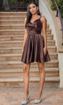 A-line V-neck Sleeveless Spaghetti Strap Natural Waistline Cocktail Short Lace-Up Open-Back Pleated Flowy Fall Party Dress