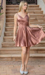 A-line V-neck Natural Waistline Cocktail Short Fall Sleeveless Spaghetti Strap Lace-Up Pleated Open-Back Flowy Party Dress