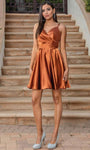 A-line V-neck Pleated Flowy Open-Back Lace-Up Natural Waistline Cocktail Short Sleeveless Spaghetti Strap Fall Party Dress