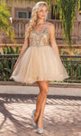 A-line V-neck Tulle Sleeveless Spaghetti Strap Beaded Lace-Up Sheer Glittering Corset Natural Waistline Cocktail Short Dress