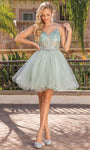 A-line V-neck Glittering Beaded Lace-Up Sheer Sleeveless Spaghetti Strap Cocktail Short Tulle Corset Natural Waistline Dress