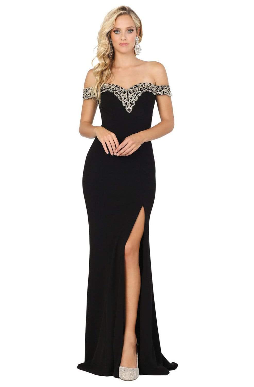 Dancing Queen - 4004 Lace Off Shoulder V Back High Slit Prom Dress