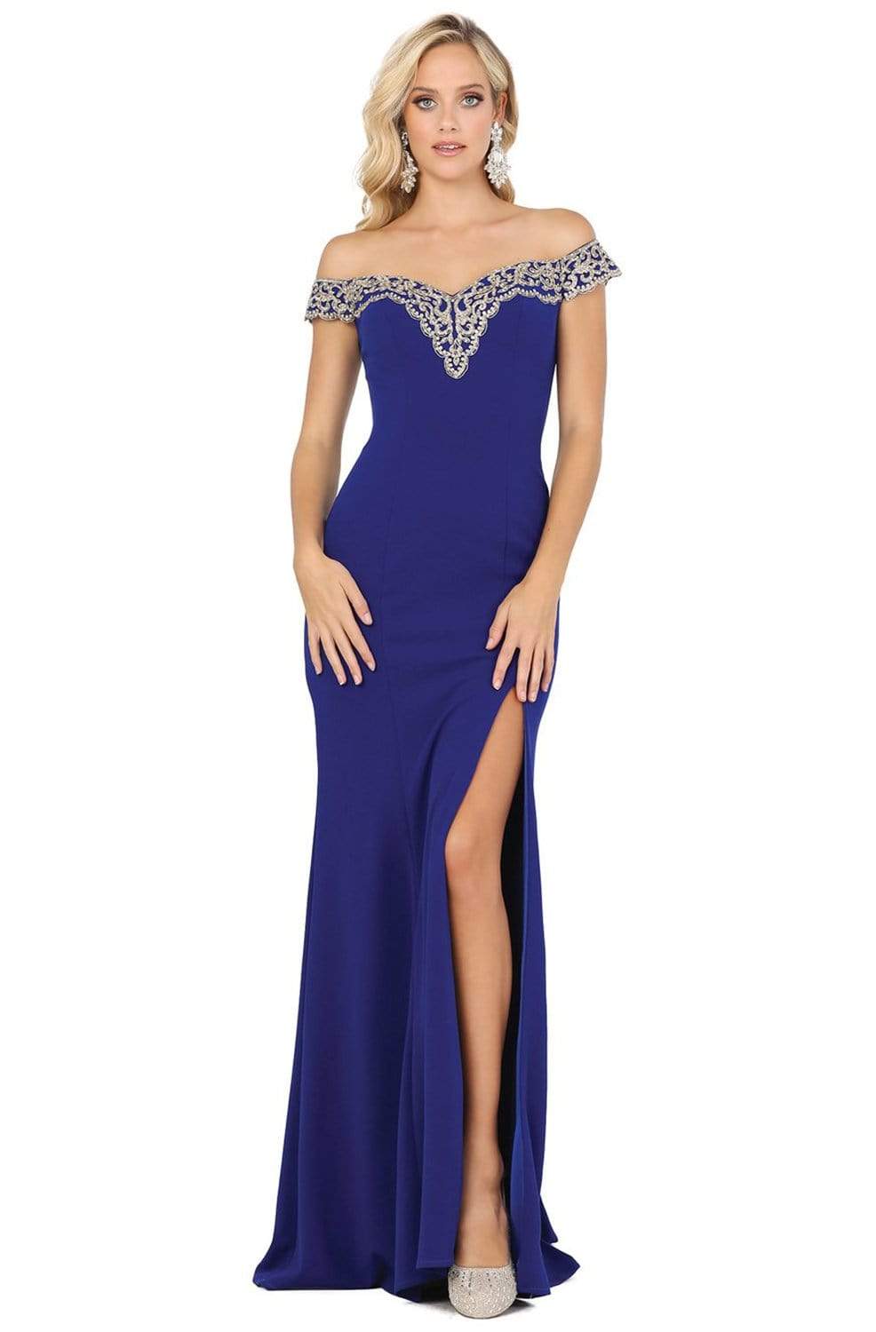 Dancing Queen - 4004 Lace Off Shoulder V Back High Slit Prom Dress
