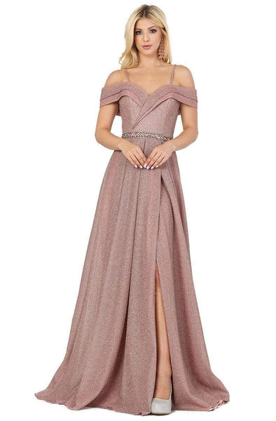 A-line Cold Shoulder Sleeves Off the Shoulder Pleated Back Zipper Slit Fitted Natural Waistline Dress with a Brush/Sweep Train