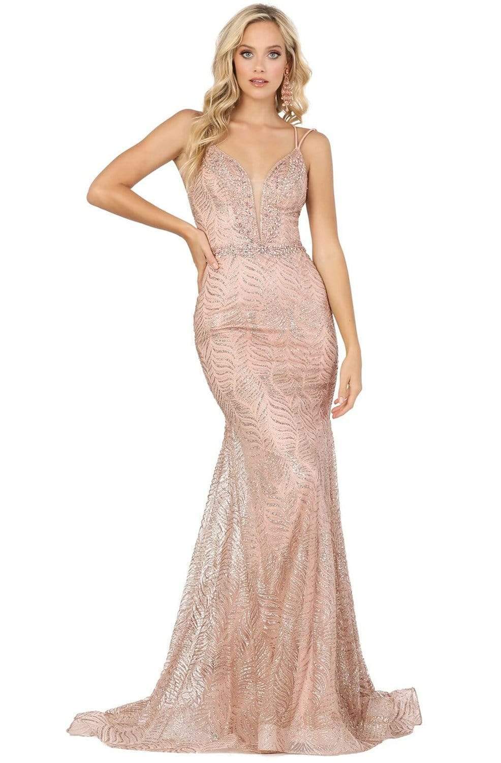 Dancing Queen - 4007 Embellished Deep V-neck Trumpet Dress
