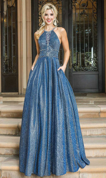 A-line Sleeveless Floor Length Halter Natural Waistline Glittering Lace-Up Fitted Pocketed Evening Dress/Prom Dress