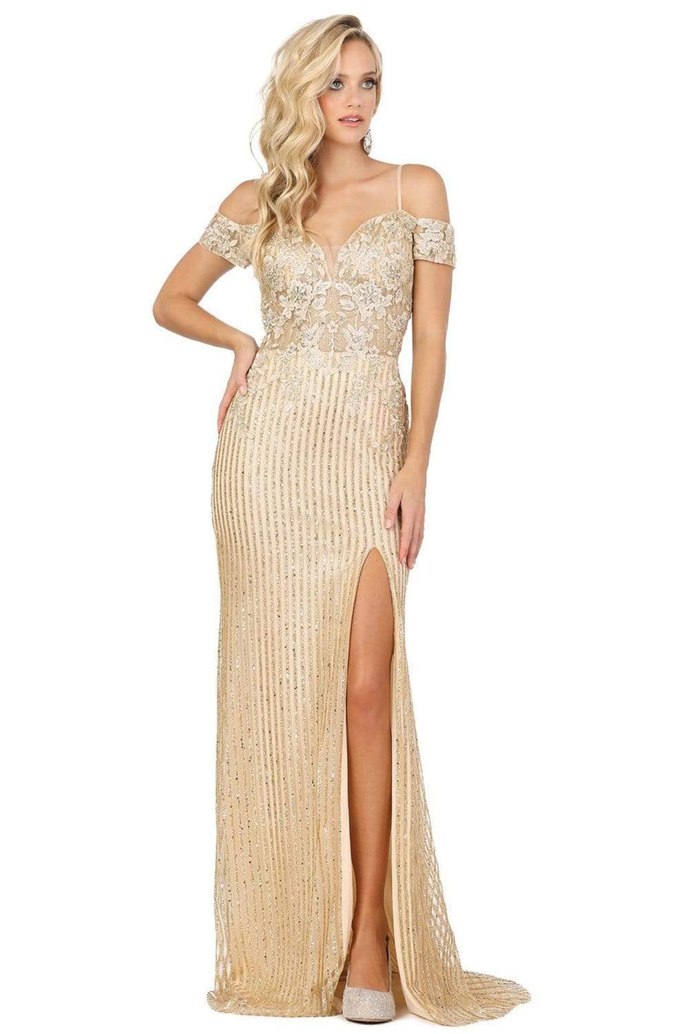 Dancing Queen - 4019 Embroidered Deep Off-Shoulder Trumpet Dress
