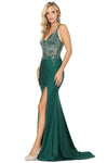 Sexy Sophisticated V-neck Natural Waistline Spaghetti Strap Sheer Slit Illusion Jeweled Mermaid Plunging Neck Dress with a Brush/Sweep Train With Rhinestones