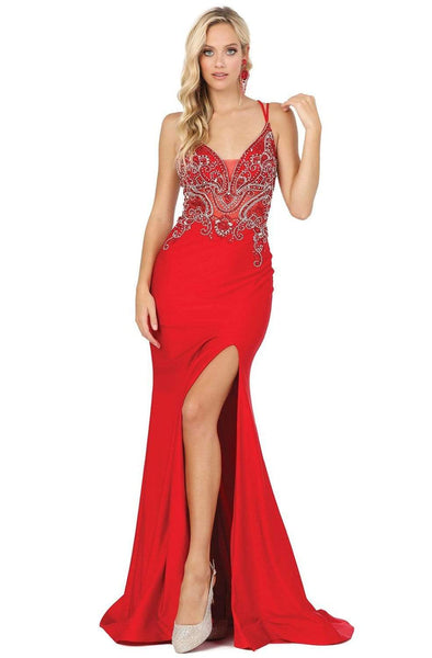 Sexy Sophisticated V-neck Plunging Neck Slit Sheer Illusion Jeweled Mermaid Spaghetti Strap Natural Waistline Dress with a Brush/Sweep Train With Rhinestones