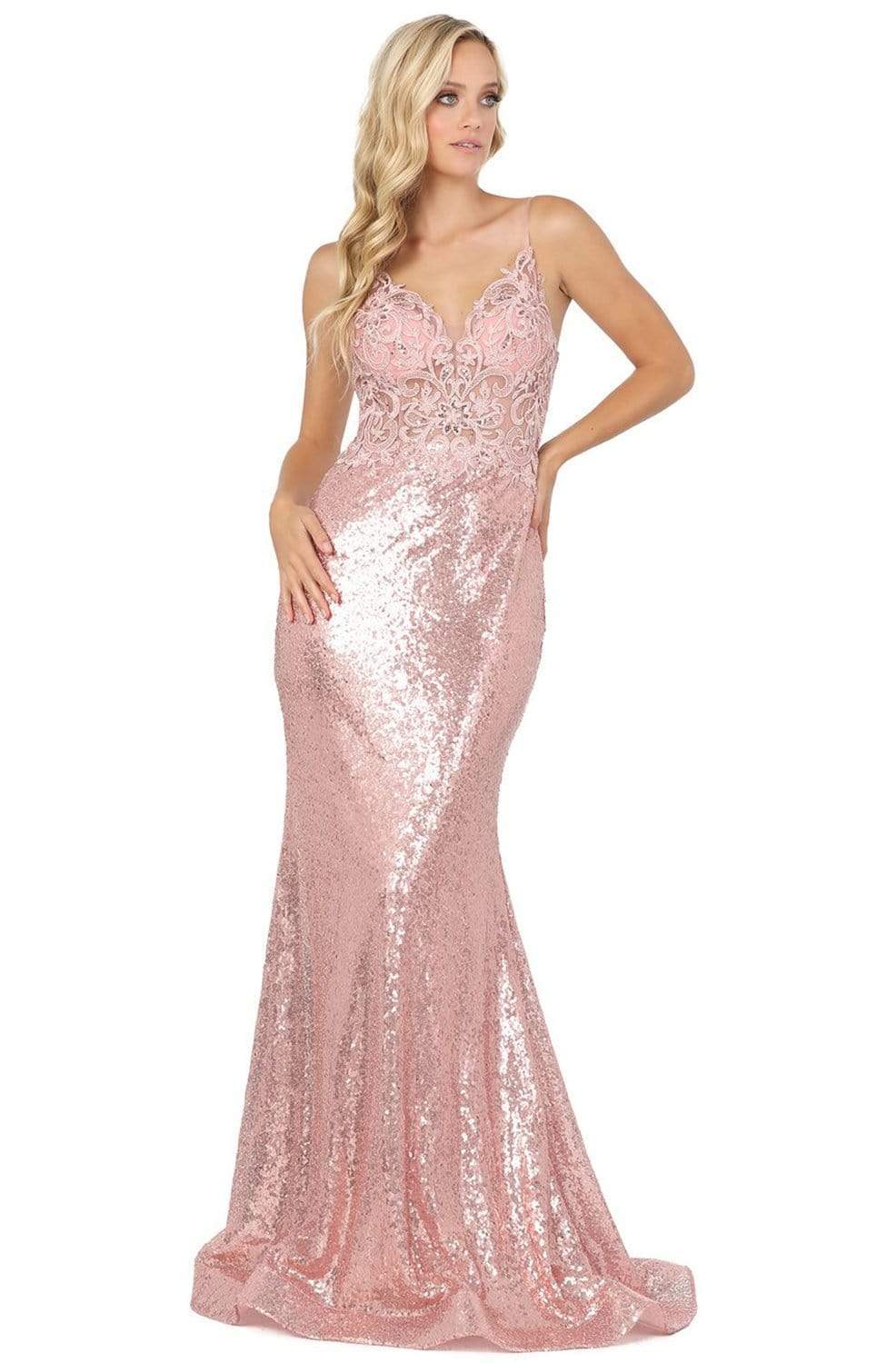 Dancing Queen - 4066 Sequin Embellished Deep V-neck Trumpet Dress
