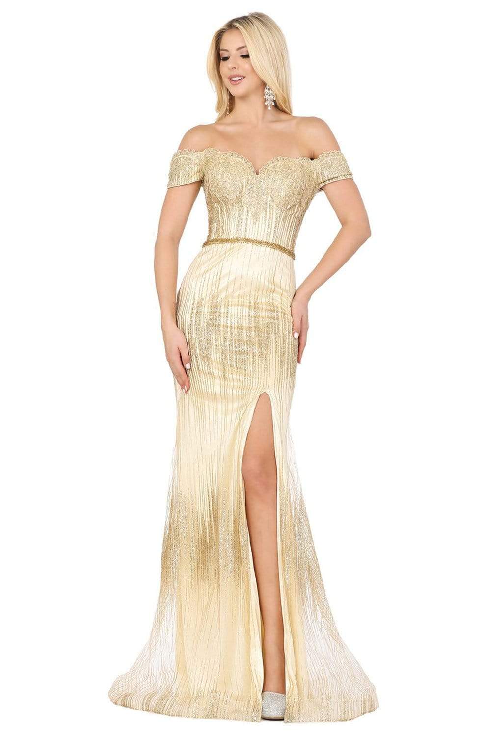 Dancing Queen - 4071 Off-Shoulder Metallic Appliqued High Slit Gown