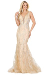 Sophisticated V-neck Mermaid Illusion Beaded Applique Embroidered Sheer Jeweled Flutter Sleeves Sleeveless Natural Waistline Plunging Neck Lace Dress with a Brush/Sweep Train