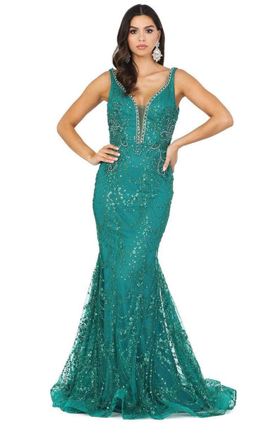 Sophisticated V-neck Lace Mermaid Plunging Neck Flutter Sleeves Sleeveless Natural Waistline Applique Sheer Jeweled Beaded Embroidered Illusion Dress with a Brush/Sweep Train