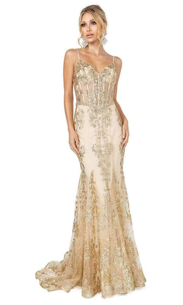 V-neck Corset Natural Waistline General Print Mermaid Sleeveless Spaghetti Strap Back Zipper Sequined Illusion Sheer V Back Fitted Applique Prom Dress with a Brush/Sweep Train