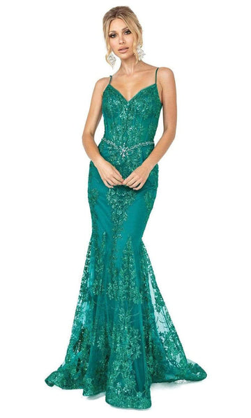 V-neck General Print Sleeveless Spaghetti Strap Mermaid Corset Natural Waistline Back Zipper Applique Sequined Fitted Illusion V Back Sheer Prom Dress with a Brush/Sweep Train