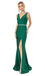 Tall Sophisticated V-neck Natural Waistline Floor Length Sleeveless Open-Back Slit Back Zipper Beaded V Back Fitted Sheath Sheath Dress with a Brush/Sweep Train