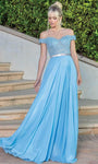 A-line Beaded Wrap Belted Draped Pleated Semi Sheer Off the Shoulder Natural Waistline Evening Dress with a Brush/Sweep Train