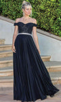 A-line Off the Shoulder Semi Sheer Pleated Beaded Belted Draped Wrap Natural Waistline Evening Dress with a Brush/Sweep Train