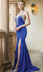 V-neck Sheer Slit Plunging Neck Sheath Floor Length Sleeveless Spaghetti Strap Natural Waistline Sheath Dress with a Brush/Sweep Train