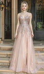A-line V-neck Tulle Sleeveless Spaghetti Strap Natural Waistline Plunging Neck Lace-Up Glittering Evening Dress/Prom Dress