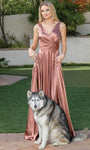 A-line V-neck Sleeveless Corset Natural Waistline Satin Pleated Faux Wrap Prom Dress with a Brush/Sweep Train