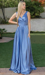 A-line V-neck Faux Wrap Pleated Satin Sleeveless Corset Natural Waistline Prom Dress with a Brush/Sweep Train