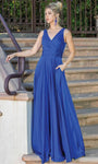 A-line V-neck Sleeveless Satin Pleated Faux Wrap Corset Natural Waistline Prom Dress with a Brush/Sweep Train