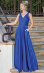 A-line V-neck Faux Wrap Pleated Corset Natural Waistline Satin Sleeveless Prom Dress with a Brush/Sweep Train