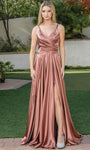 A-line V-neck Pleated Pocketed Slit Lace-Up Spaghetti Strap Natural Waistline Prom Dress with a Brush/Sweep Train