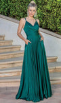 A-line V-neck Natural Waistline Slit Lace-Up Pocketed Pleated Spaghetti Strap Prom Dress with a Brush/Sweep Train