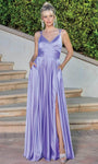 A-line V-neck Spaghetti Strap Lace-Up Slit Pocketed Pleated Natural Waistline Prom Dress with a Brush/Sweep Train