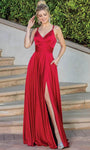 A-line V-neck Spaghetti Strap Pocketed Pleated Lace-Up Slit Natural Waistline Prom Dress with a Brush/Sweep Train