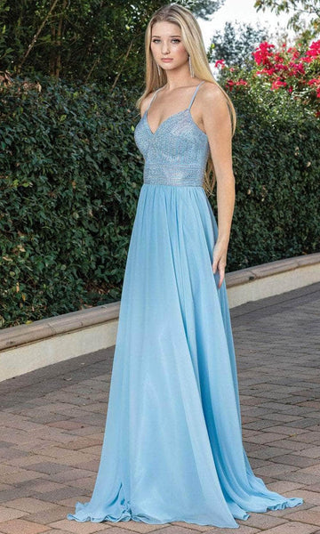 Sophisticated A-line V-neck Sleeveless Fitted Lace-Up Beaded Back Zipper Open-Back Empire Waistline Chiffon Prom Dress with a Brush/Sweep Train