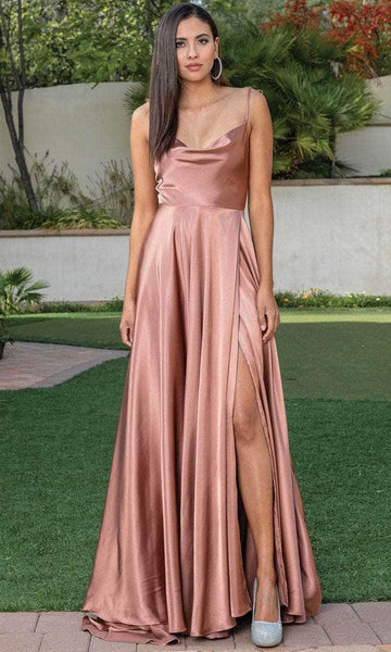 Sophisticated A-line Cowl Neck Spaghetti Strap Natural Waistline Back Zipper Slit Open-Back Prom Dress with a Brush/Sweep Train