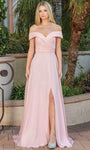 Sexy Sophisticated A-line Natural Waistline Faux Wrap Slit Open-Back Back Zipper Off the Shoulder Prom Dress with a Brush/Sweep Train