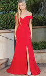 Sexy Sophisticated A-line Natural Waistline Off the Shoulder Faux Wrap Slit Back Zipper Open-Back Prom Dress with a Brush/Sweep Train